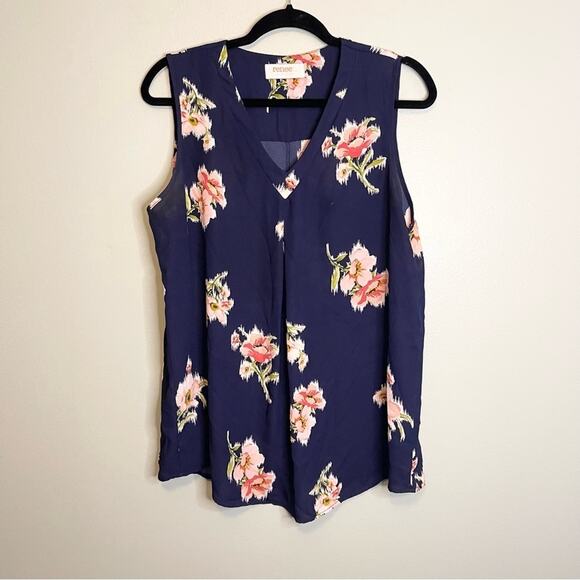 Renee C. Women's Navy Blue Floral V-Neck Sleeveless Pleated Slit Blouse Large - Picture 1 of 10